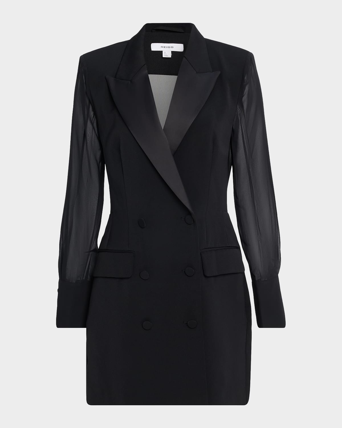 Reiss Adina Sheer-sleeve Tuxedo Mini Dress In Black