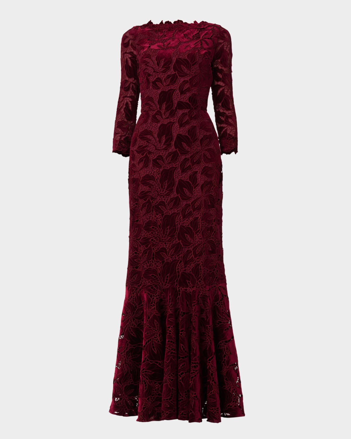 Shoshanna Brianna Floral Velvet Lace Column Gown In Burgundy