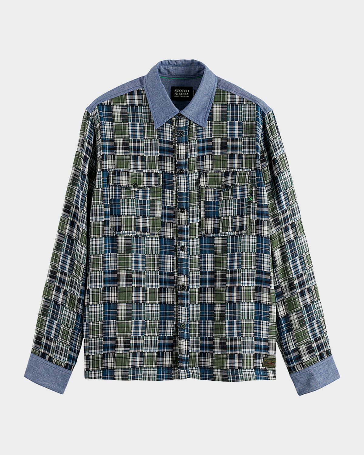 Scotch & Soda Men's Patchwork Flannel Relaxed-fit Button-down Shirt In Green