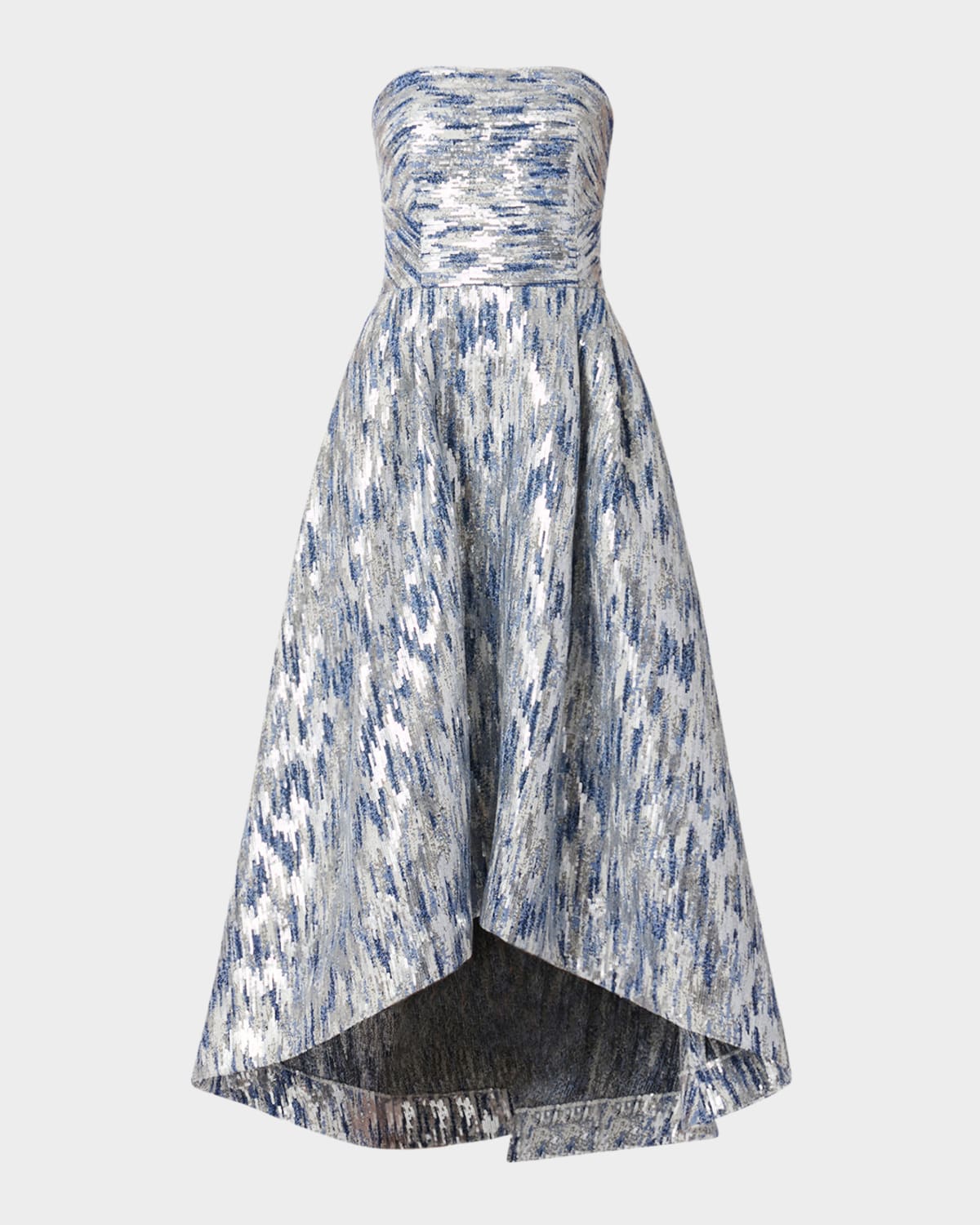Shoshanna Dia Strapless Sequin Jacquard High-low Gown In Silver