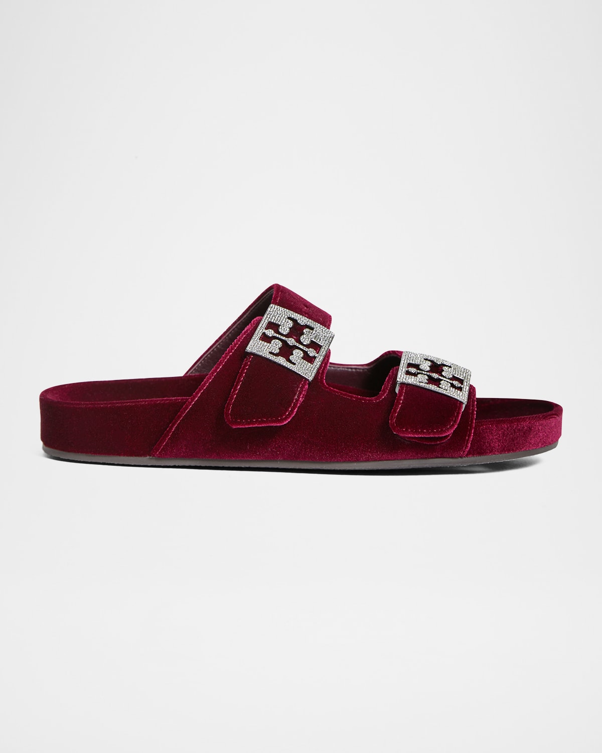 Tory Burch Mellow Pave Velvet Dual-buckle Slide Sandals In Burgundy