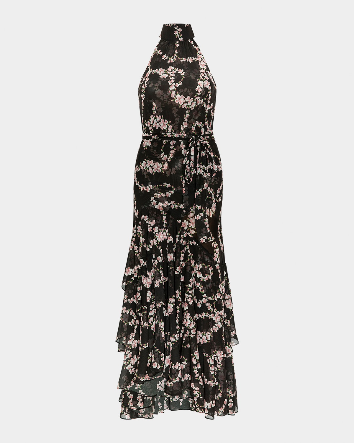 Misa Eliana Chained Blossom Chiffon Tiered Maxi Dress In Black