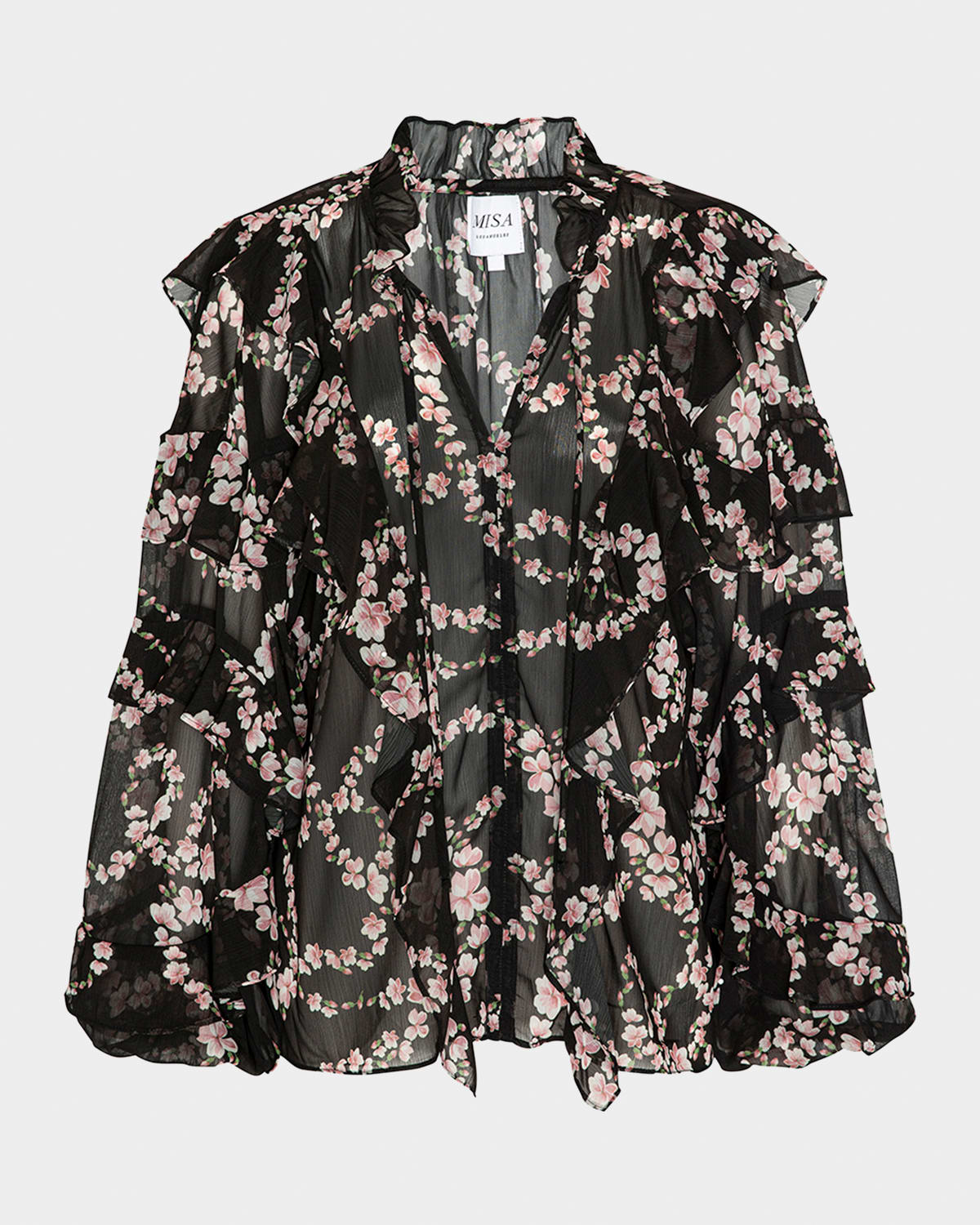Misa Lupe Chained Blossom Ruffled Chiffon Blouse In Black