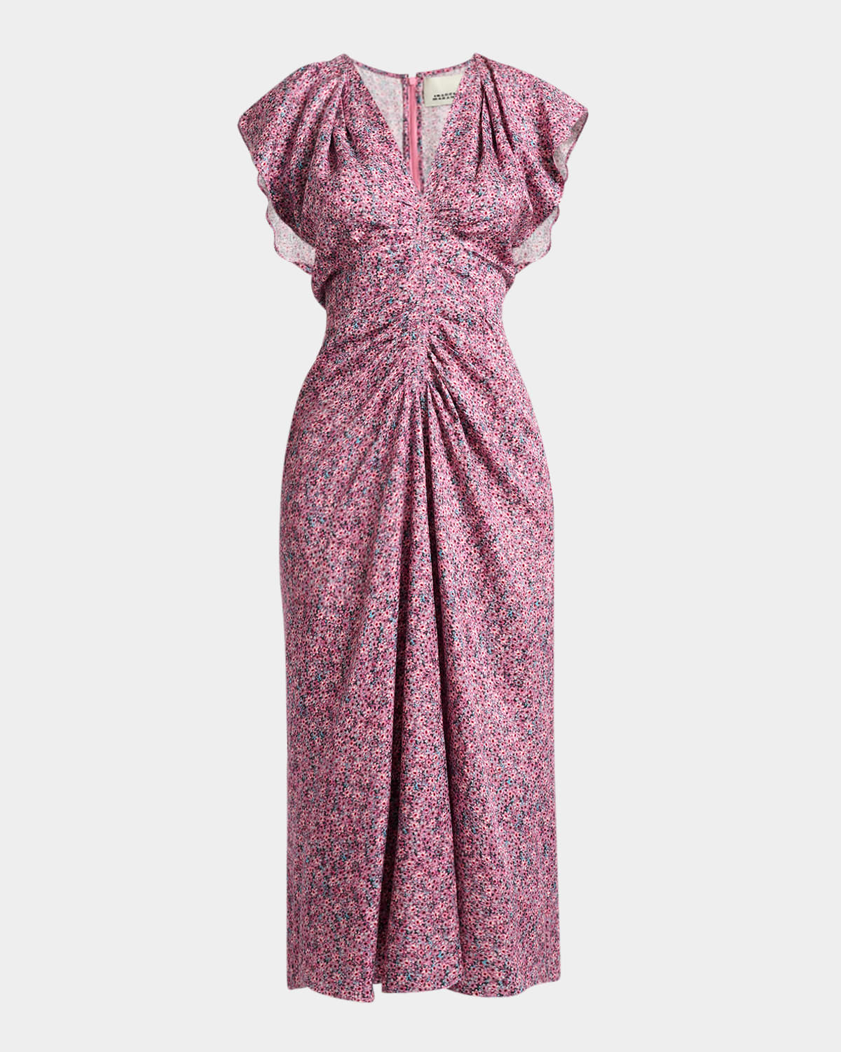 Isabel Marant Lyndsay Floral Satin Flutter-sleeve Midi Dress In Pink