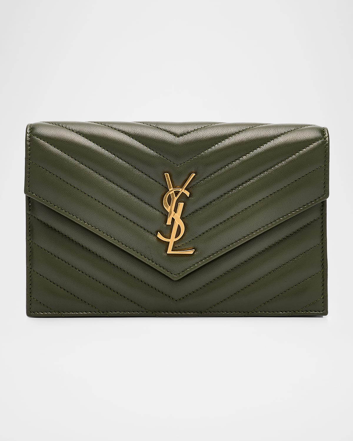 Saint Laurent Small Ysl Wallet On Chain In Grain Leather In Green
