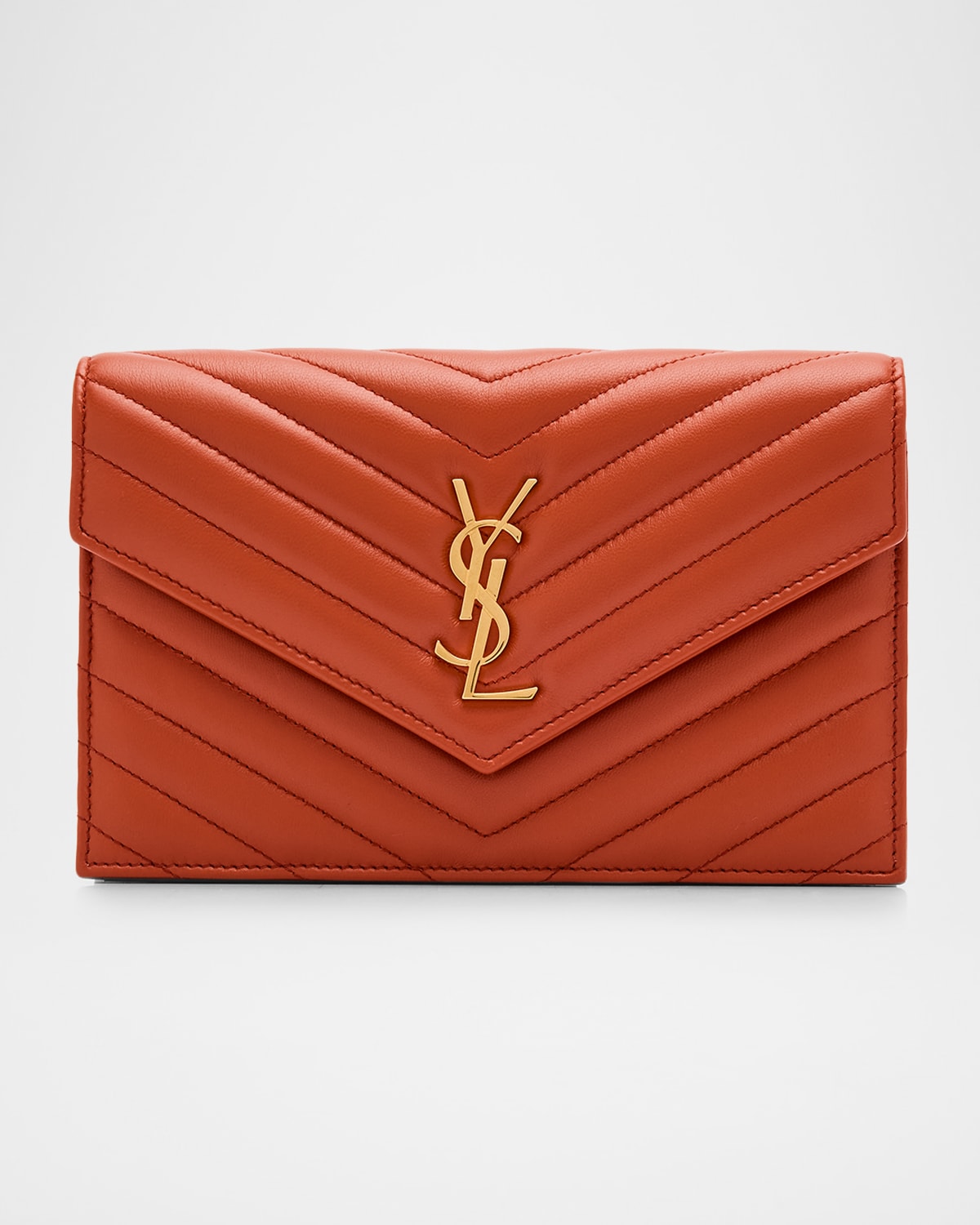 Saint Laurent Small Ysl Wallet On Chain In Grain Leather In Brown