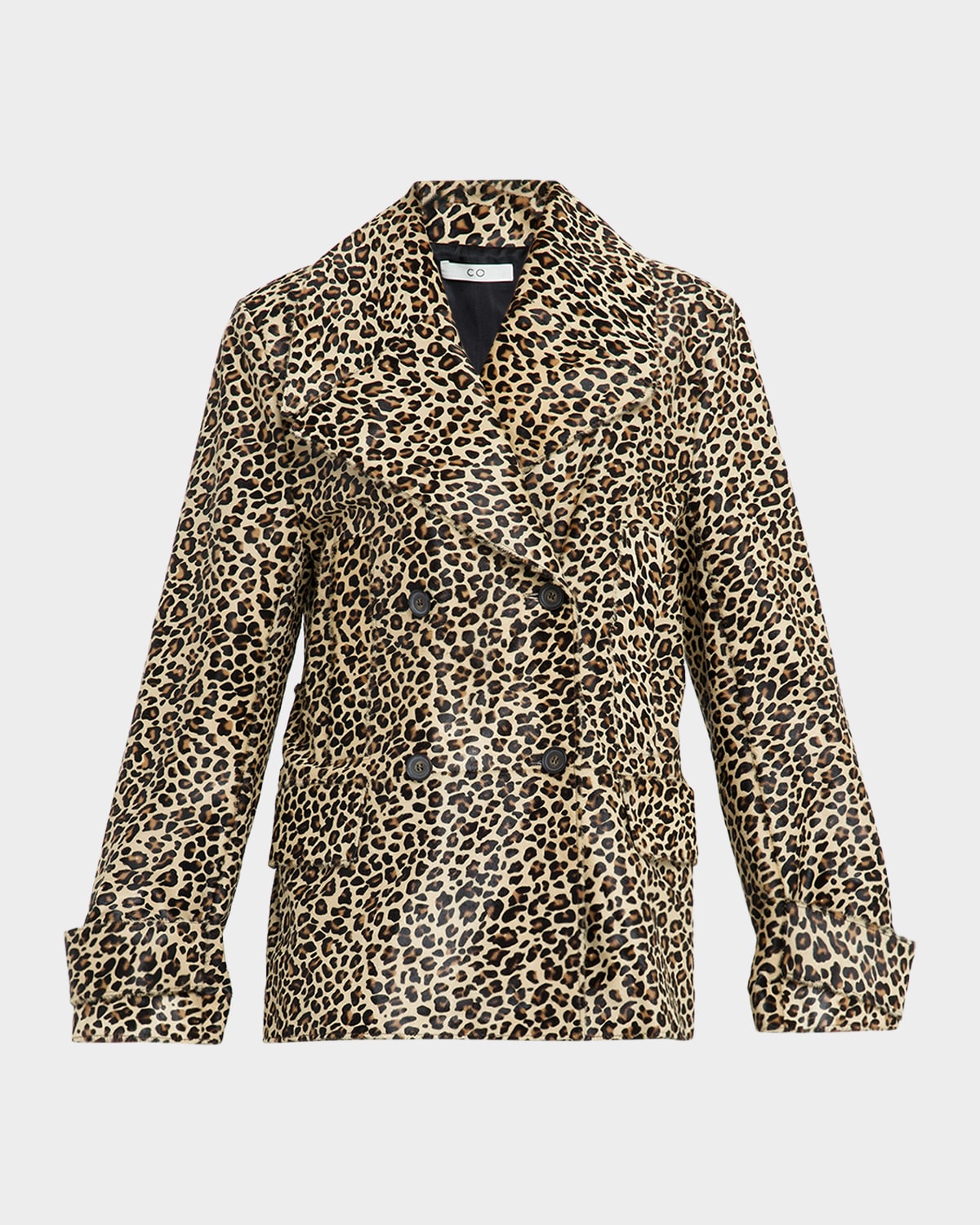 Co Leopard-Print Ponyhair Double-Breasted Short Peacoat