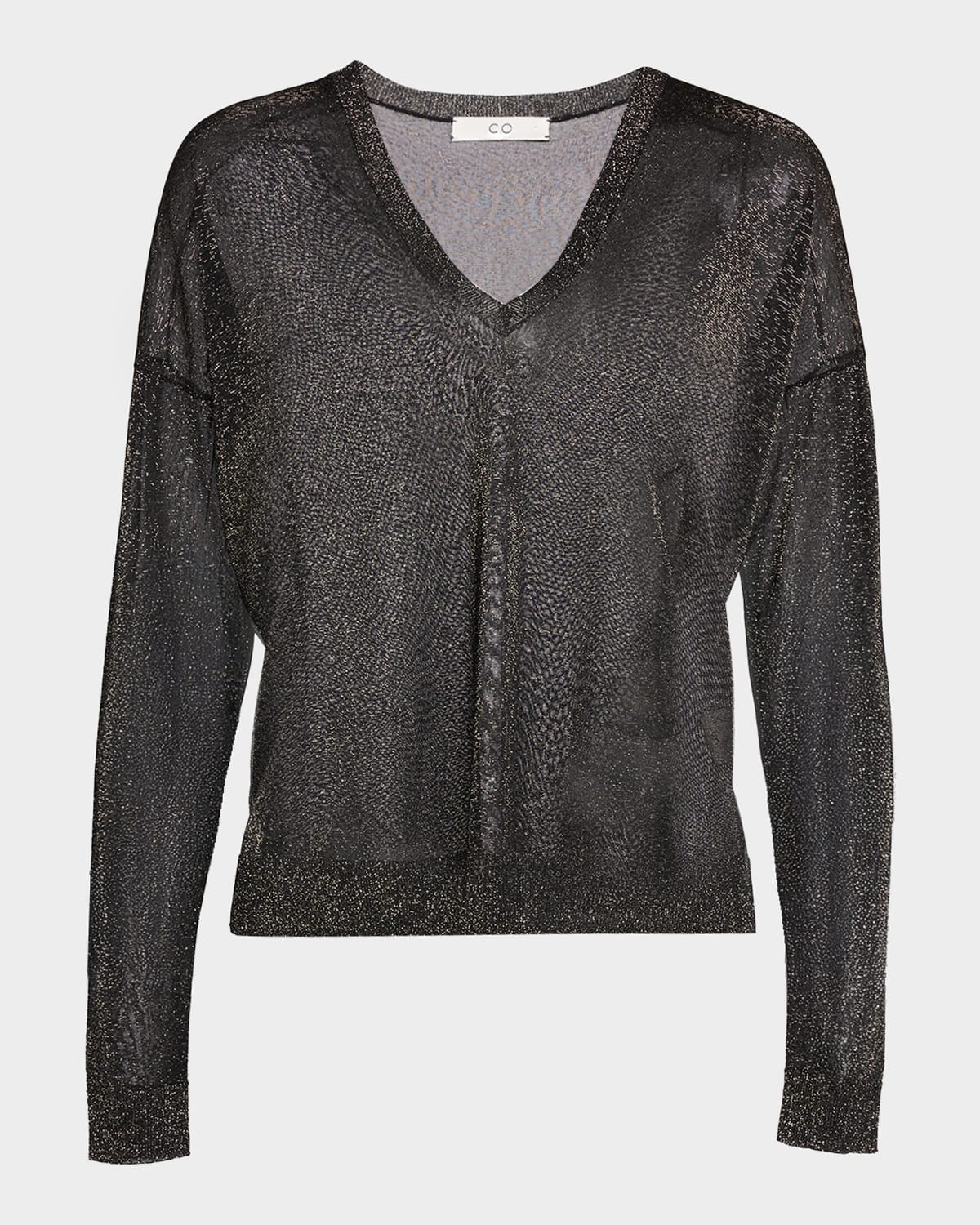 Co Metallic Sheer Knit V-neck Sweater In Black