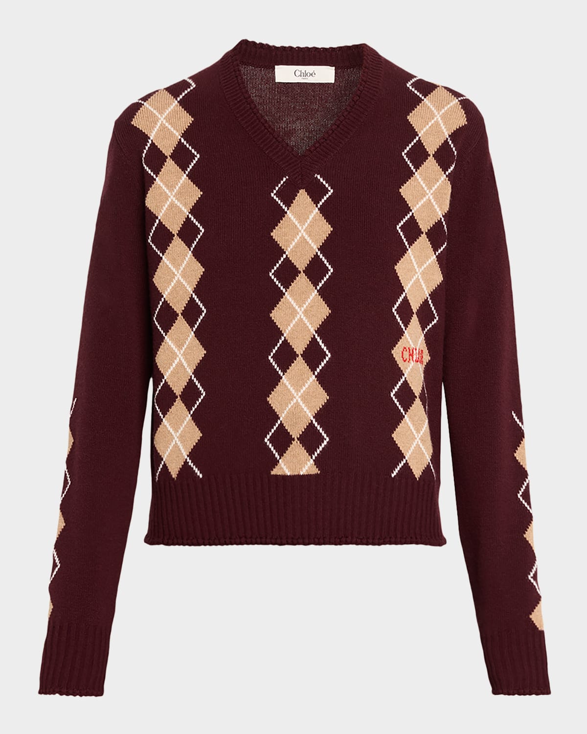 Chloé Wool-cashmere Argyle V-neck Sweater In Burgundy