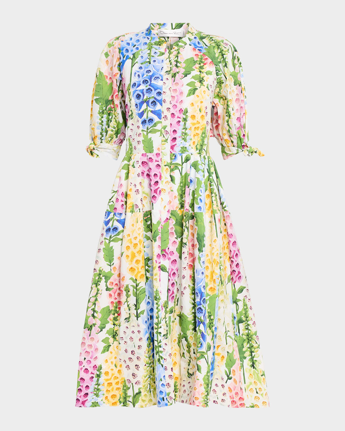 Oscar De La Renta Puff-sleeve Foxglove-print Poplin Midi Shirtdress In Multi