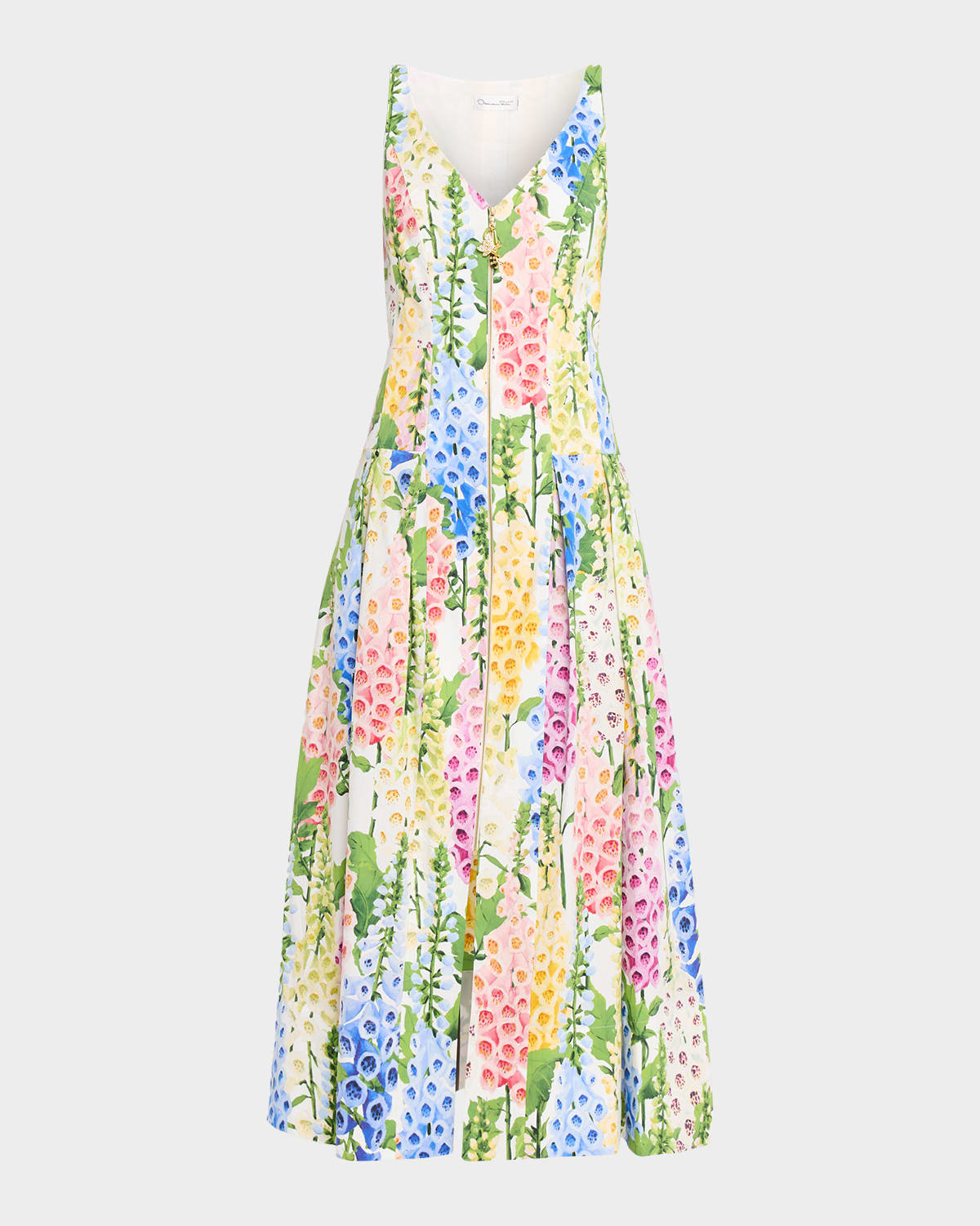 Oscar De La Renta Foxglove-print Pleated Poplin Zip-front Midi Dress In Multi
