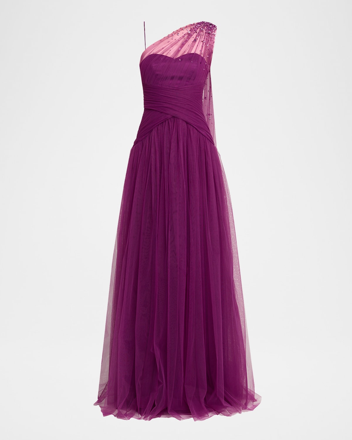 Pamella Roland Embellished Tulle One-shoulder Cape Gown In Purple