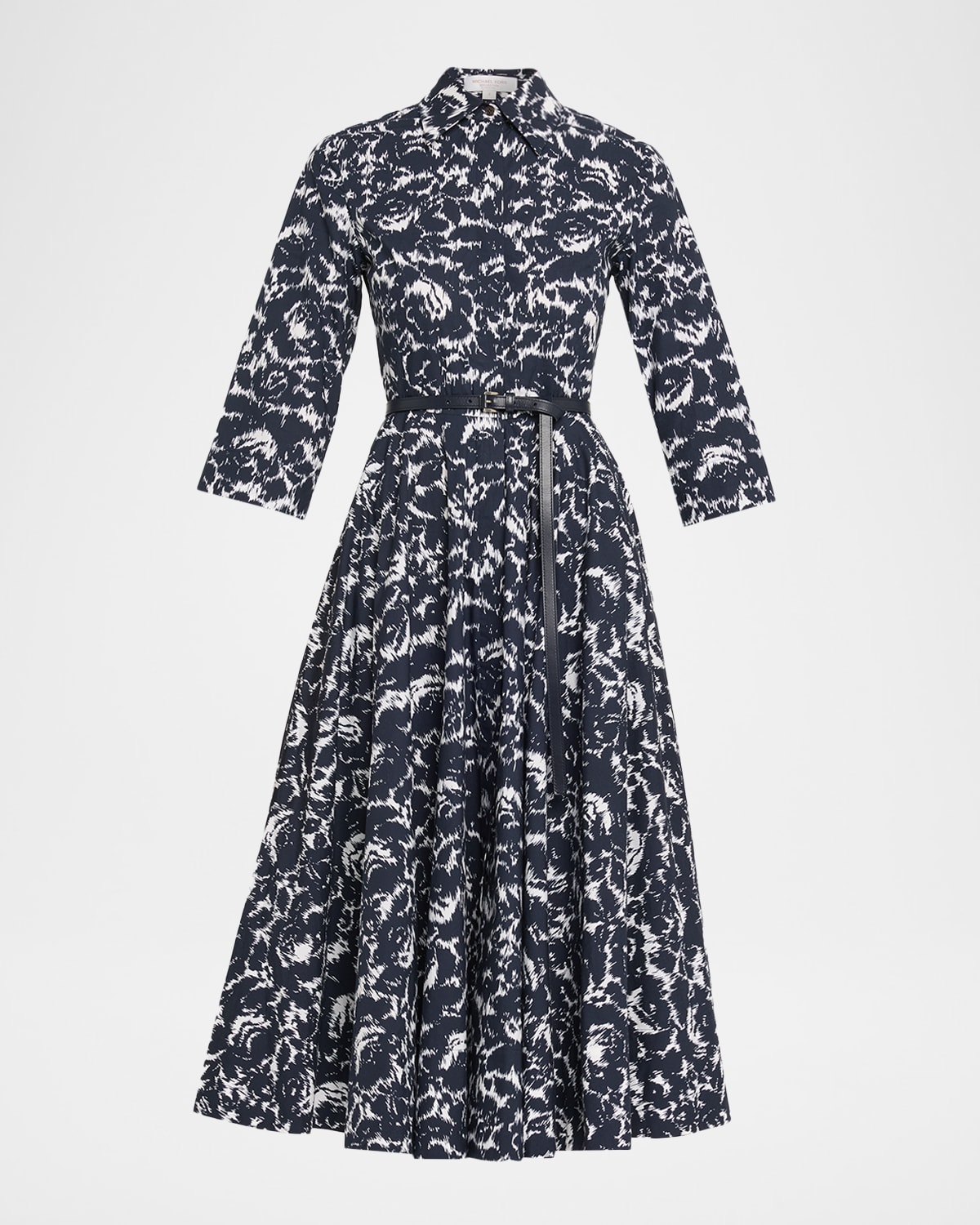 Michael Kors Belted Floral-print Cotton Midi Shirtdress In Gray