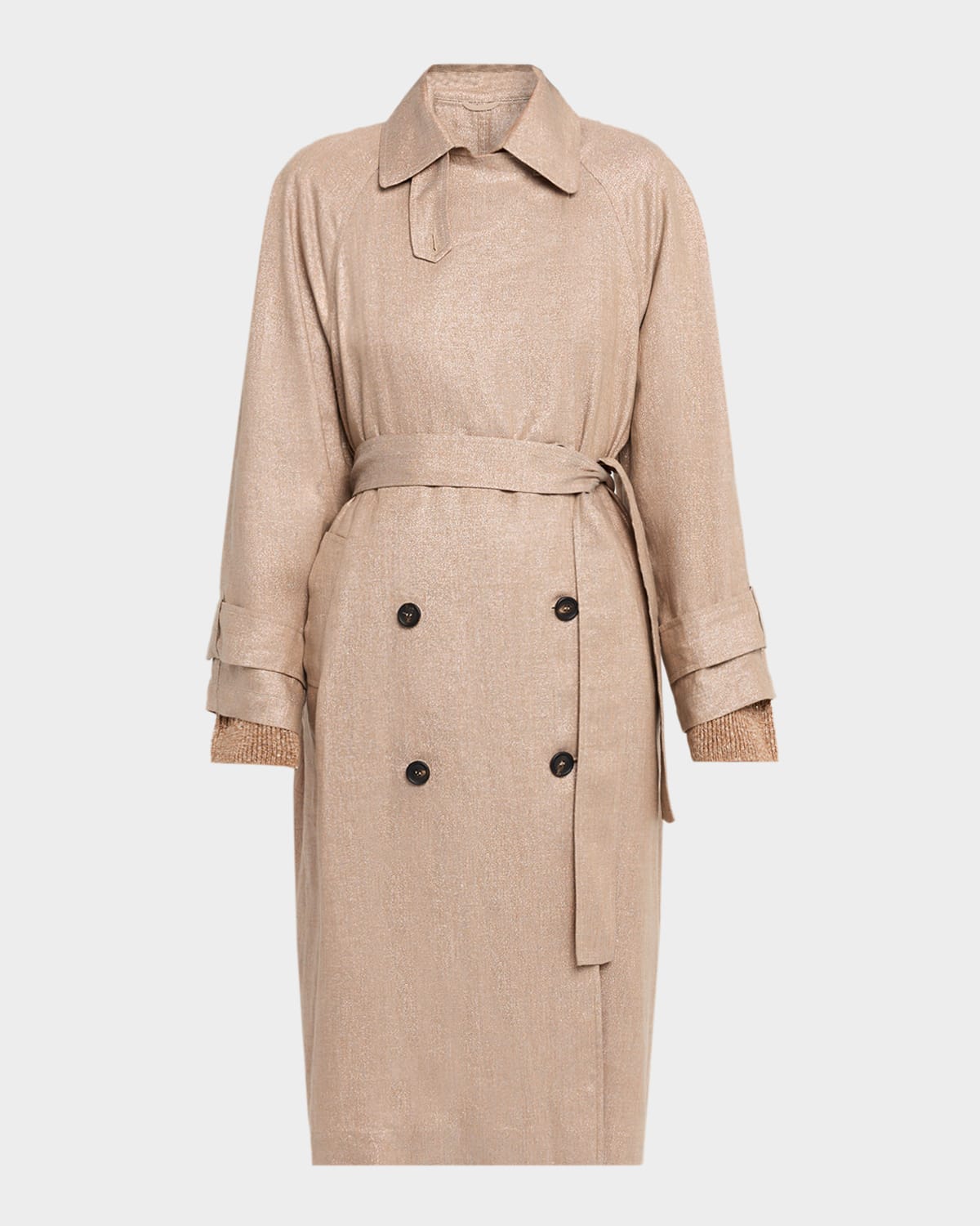 Brunello Cucinelli Metallic Linen Belted Trench Coat In Neutral