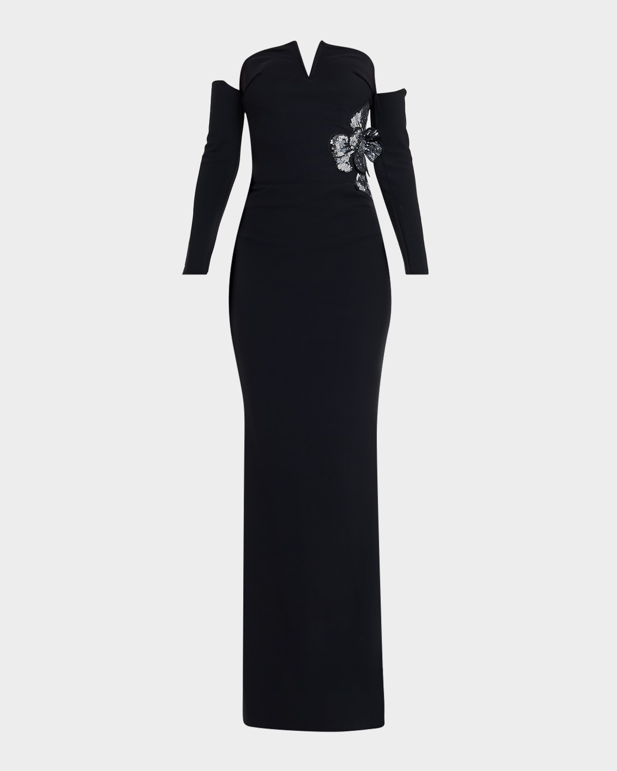 Chiara Boni La Petite Robe Zioni Off-shoulder Sequin Flower Long Gown In Black