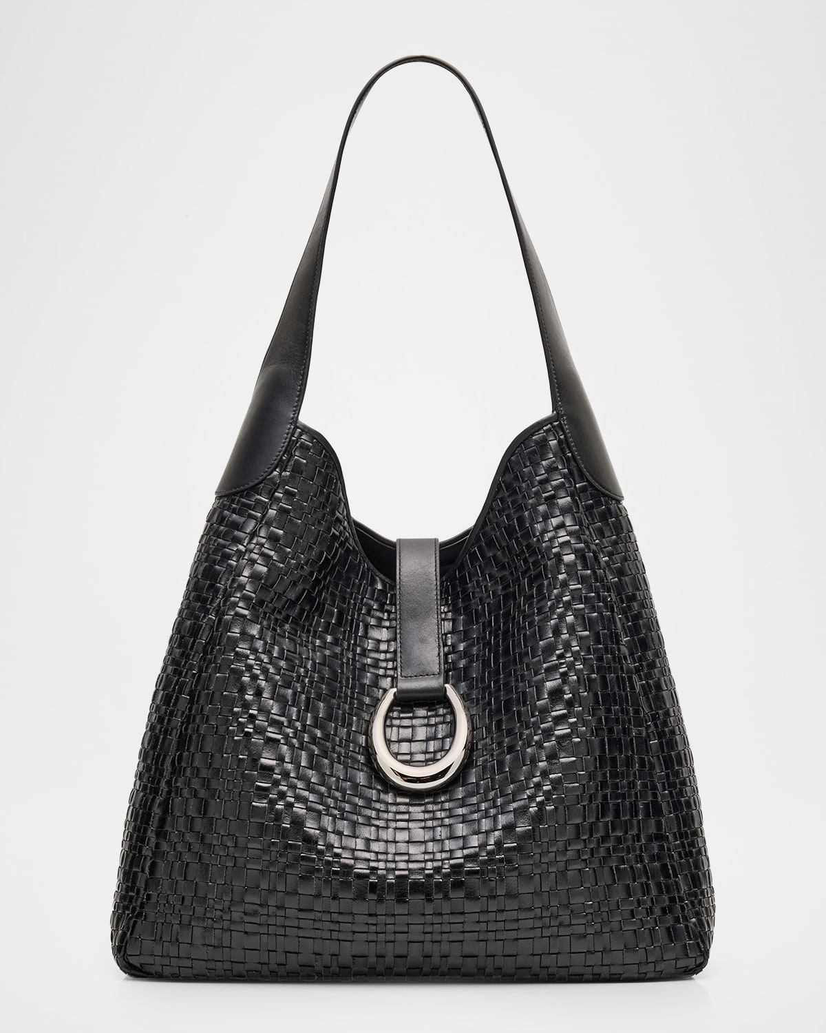 Staud Maya Moon Buckle Woven Leather Hobo Bag In Black