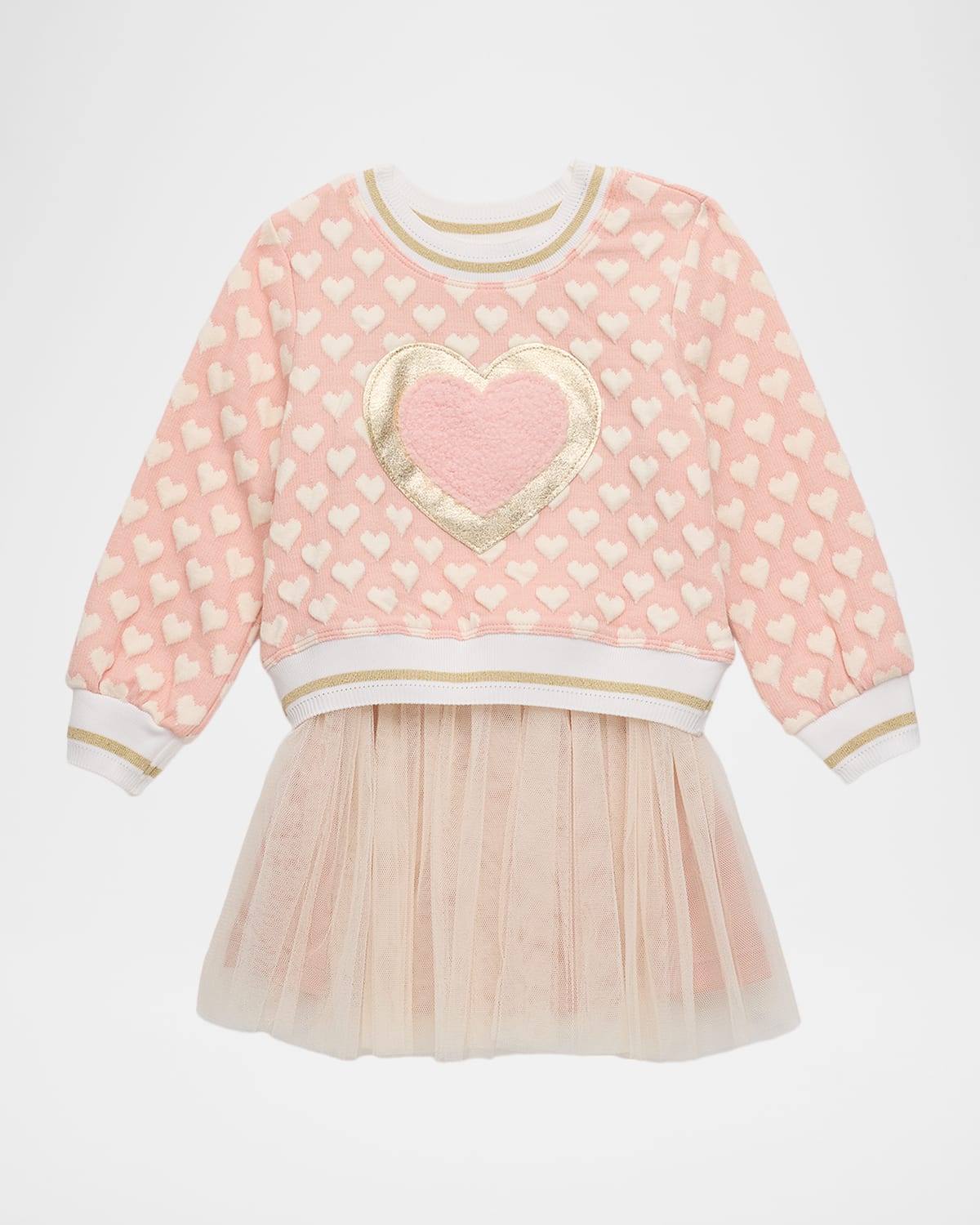 Hannah Banana Girl's Heart-print Sweater & Tulle Skirt Combo Dress In Neutral