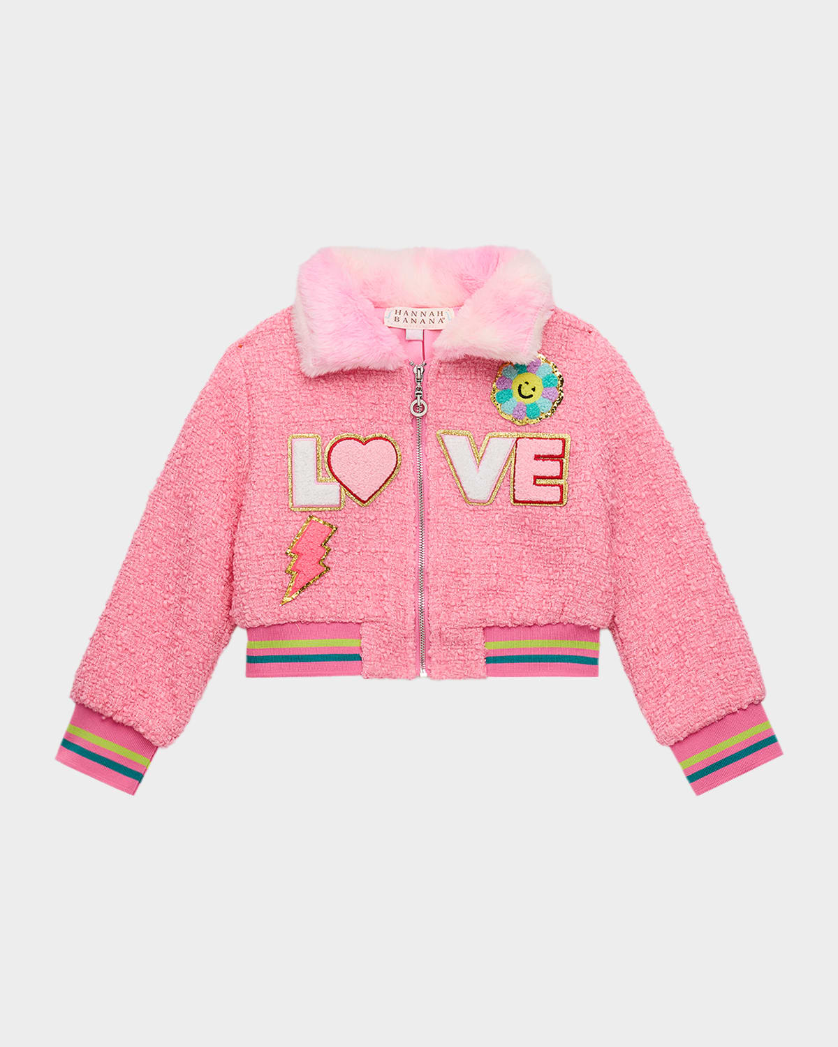 Hannah Banana Girl's Love Appliqué Tweed Jacket In Pink