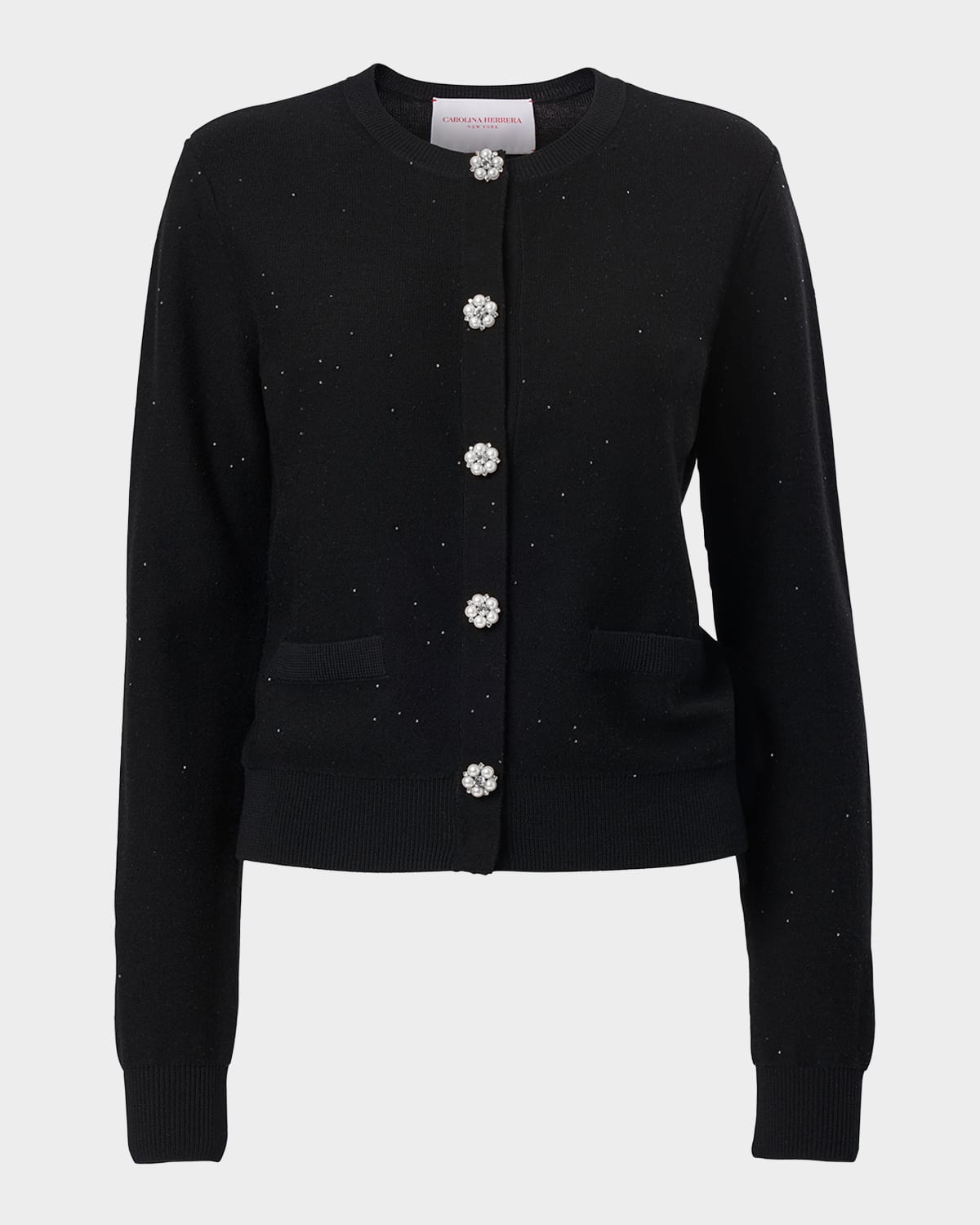 Carolina Herrera Shimmering Wool Crewneck Cardigan In Black