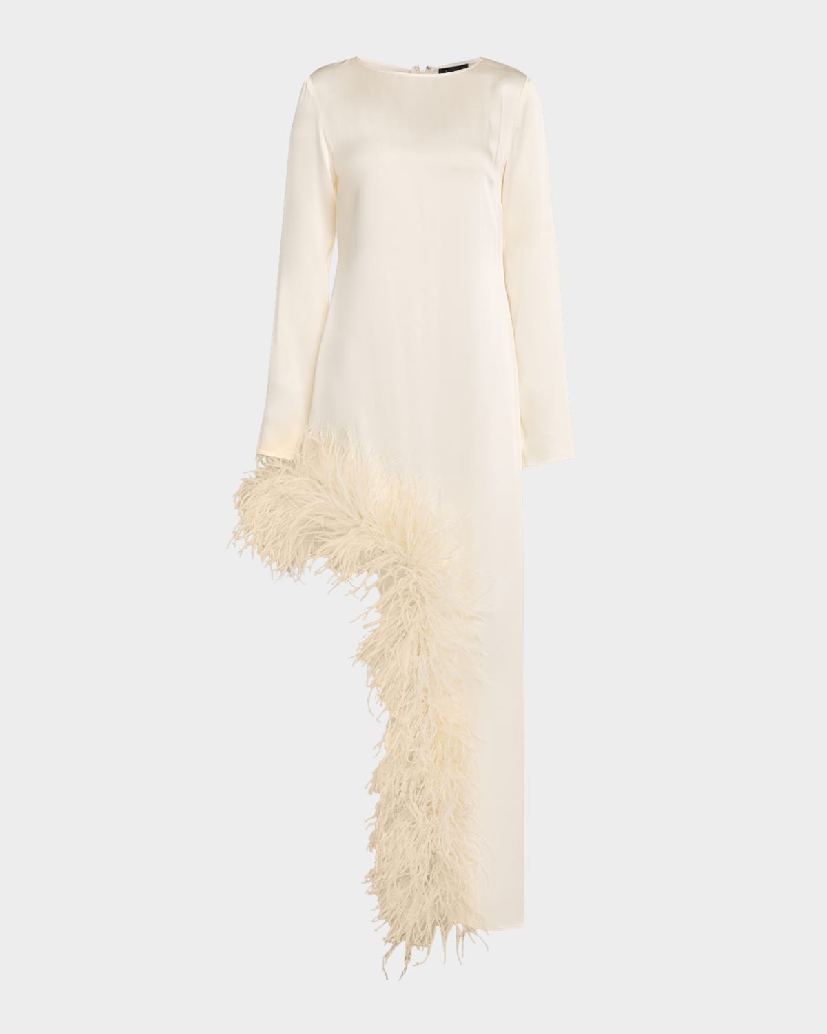 LAPOINTE Feather-Trim Asymmetric Long-Sleeve Satin Dress
