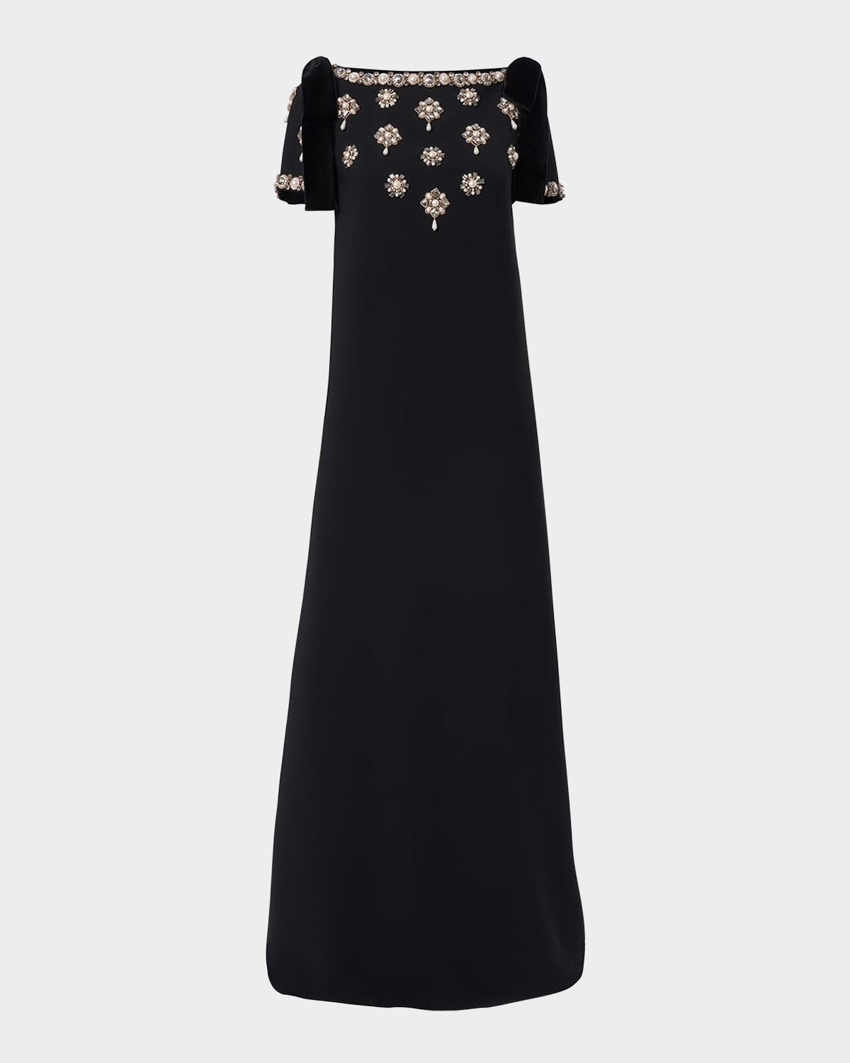 Carolina Herrera Embellished Bow-shoulder Crepe Gown In Black