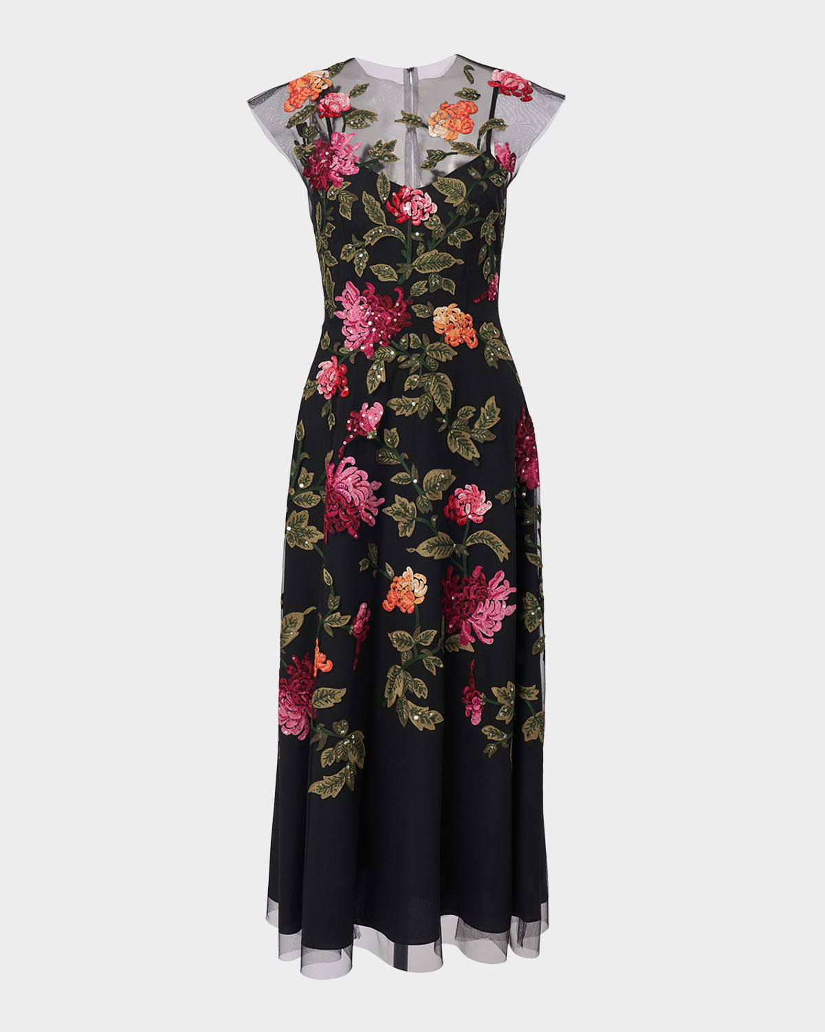 Carolina Herrera Floral-embroidered Tulle Midi Dress In Black