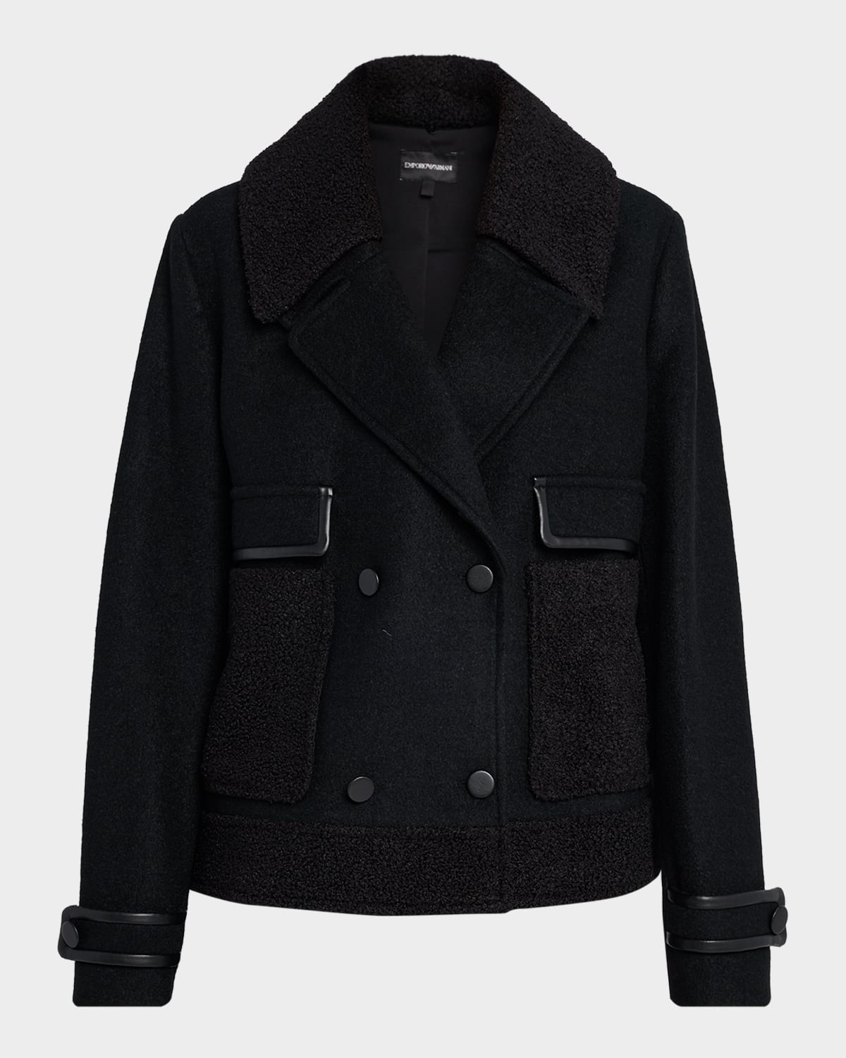 Emporio Armani Double-breasted Peacoat With Faux Leather Trim In Black