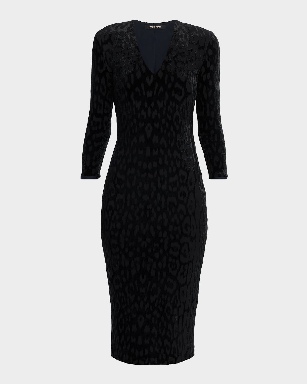 Roberto Cavalli Jaguar Velvet Long-sleeve Sheath Dress In Black