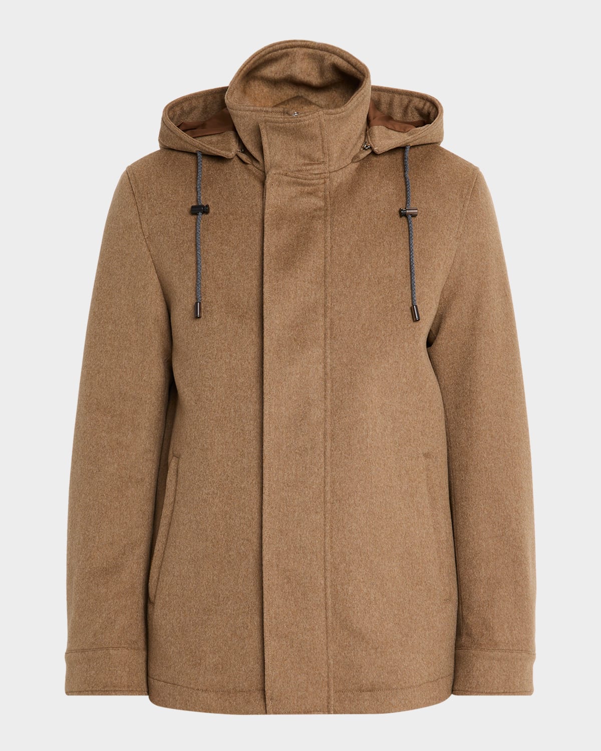 Neiman Marcus Men's Wool Hidden-zip Car Coat With Hood In Brown