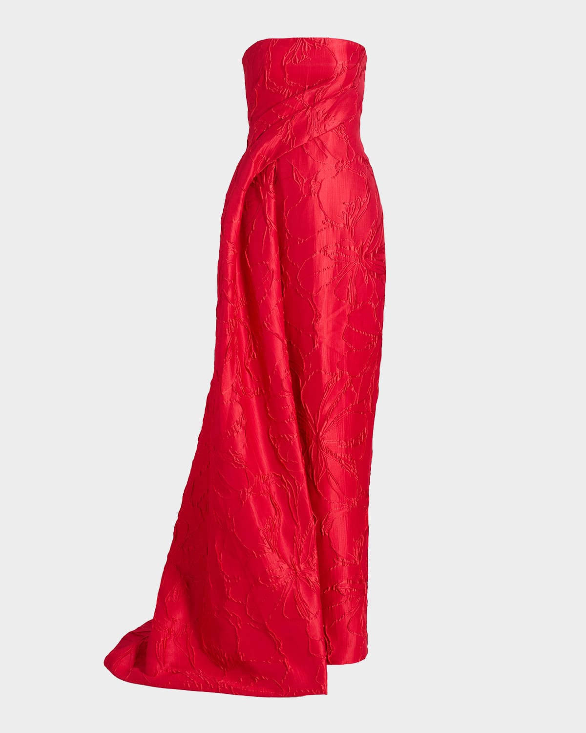 Monique Lhuillier Strapless Rose Jacquard Drape Column Gown In Red