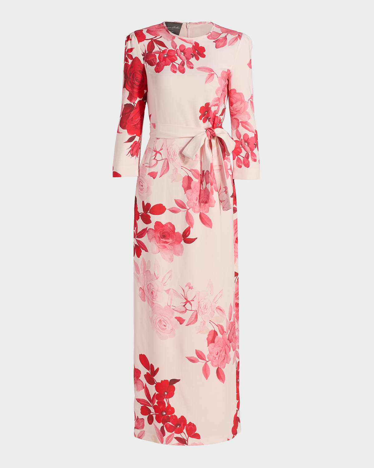 Monique Lhuillier Rose-Print Crepe Belted Bracelet-Sleeve Maxi Dress
