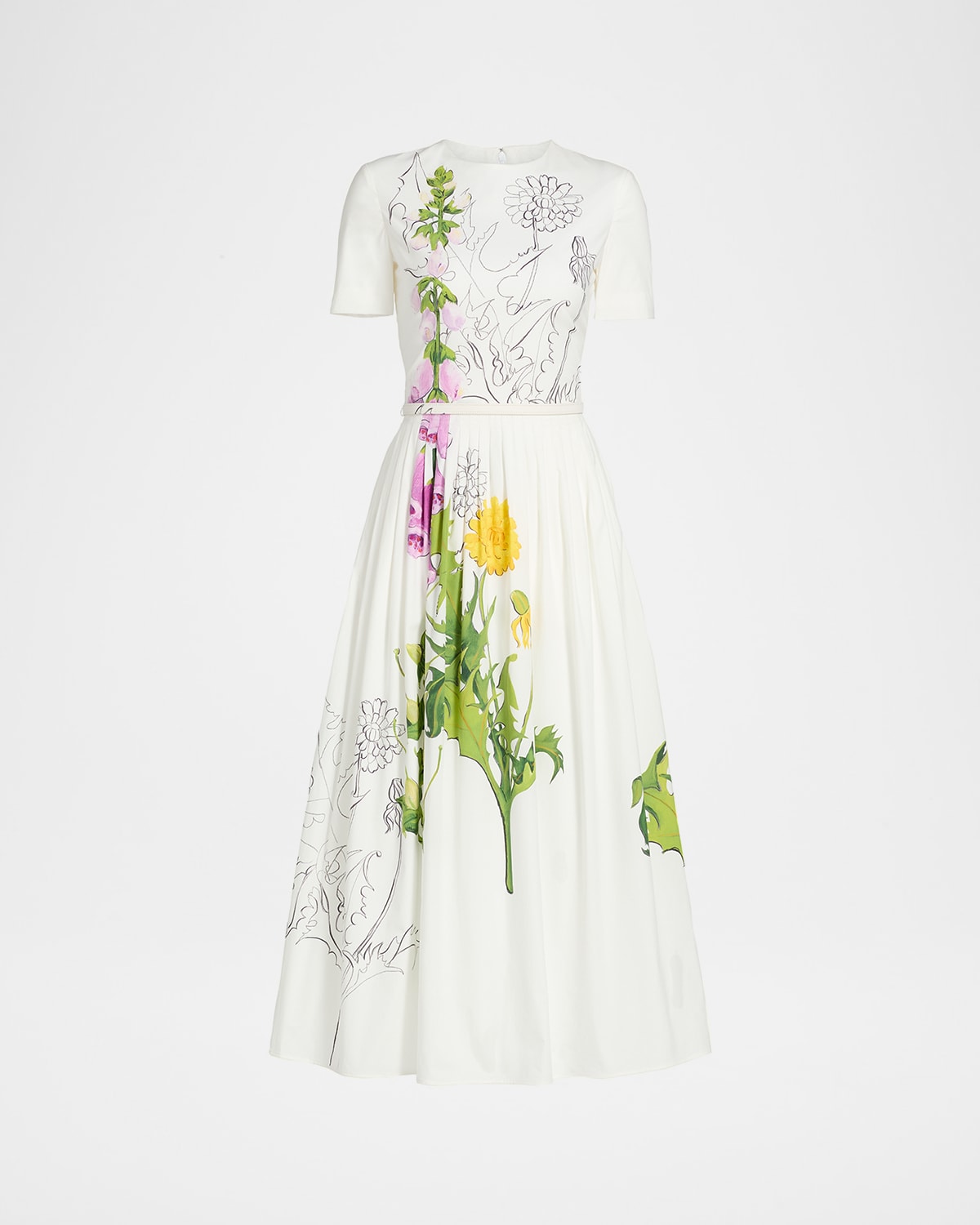 Oscar De La Renta Foxglove Dandelion Poplin Short-sleeve Midi Dress With Belt In Green