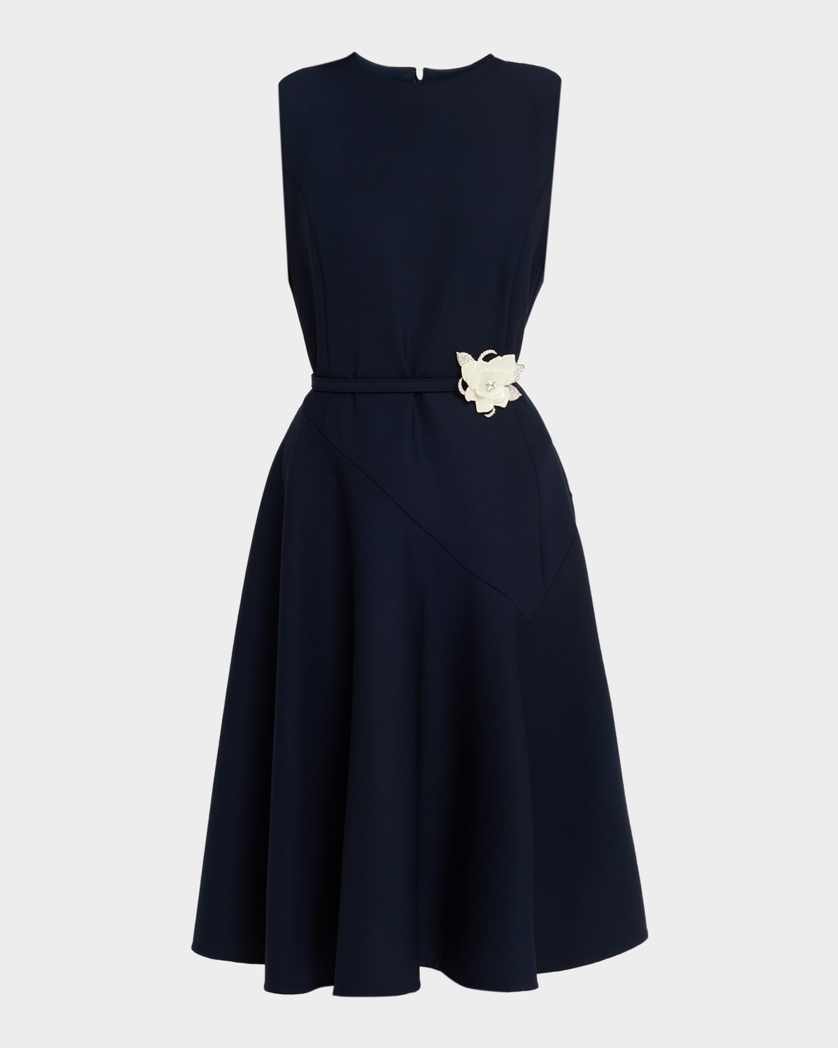 Oscar De La Renta Sleeveless Crystal Belted Stretch Wool Midi Dress In Blue
