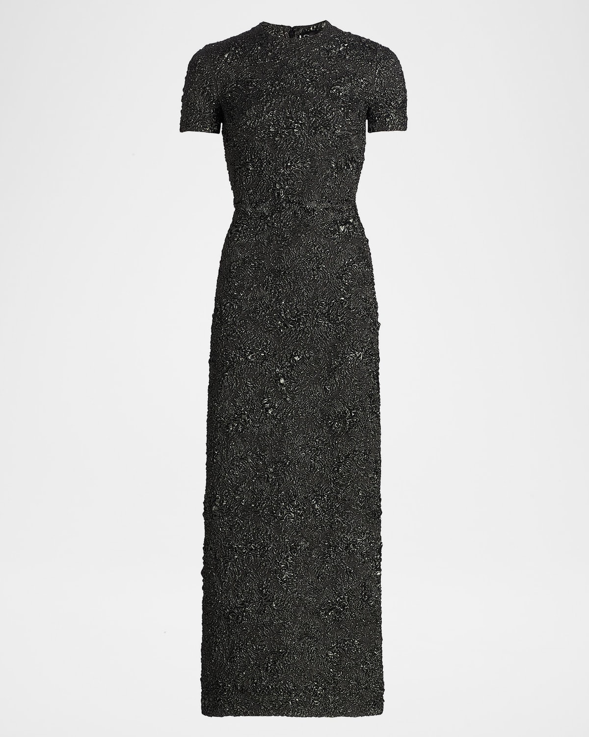 Oscar de la Renta Short-Sleeve Metallic Feather Jacquard Maxi Dress