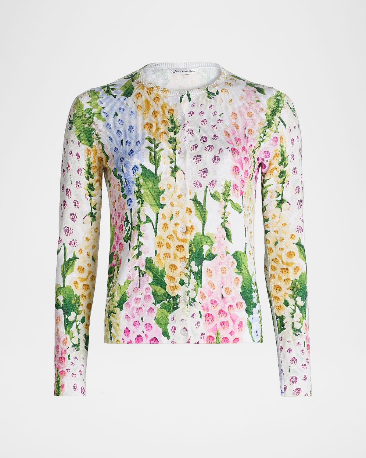 Oscar de la Renta Multi-Color Foxgloves Printed Crewneck Cardigan