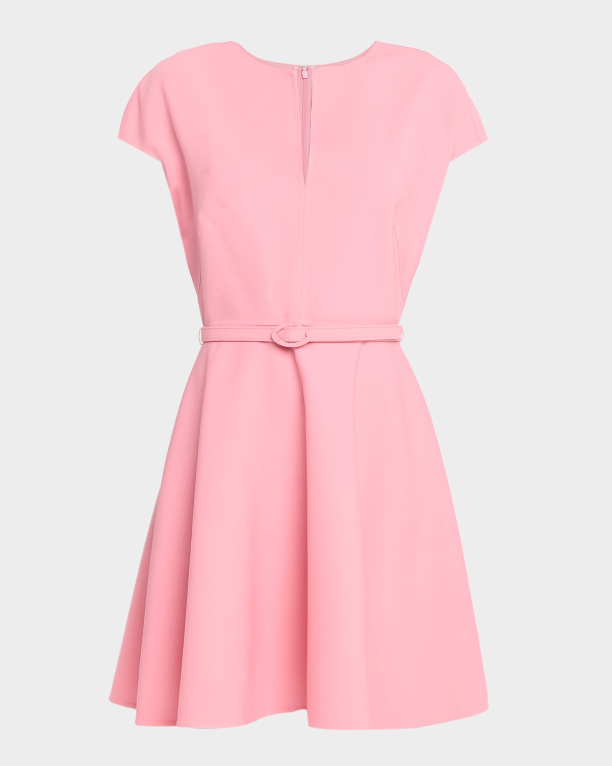 Oscar De La Renta Short-sleeve Split-neck Belted Mini Dress In Pink