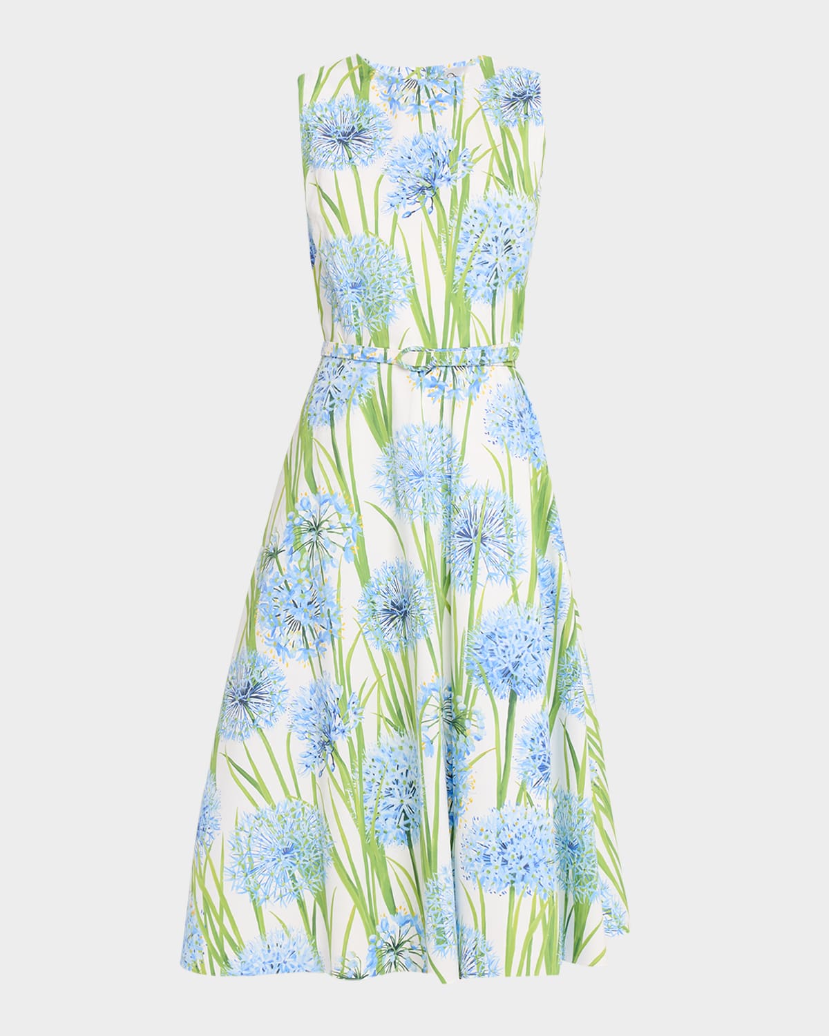 Oscar De La Renta Alliums Poplin Sleeveless Belted Midi Dress In Blue