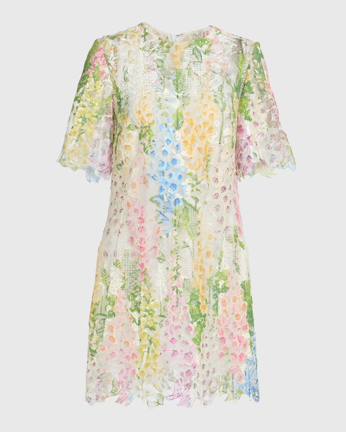 Oscar De La Renta Short-sleeve Foxglove-print Lace Mini Dress In Multi