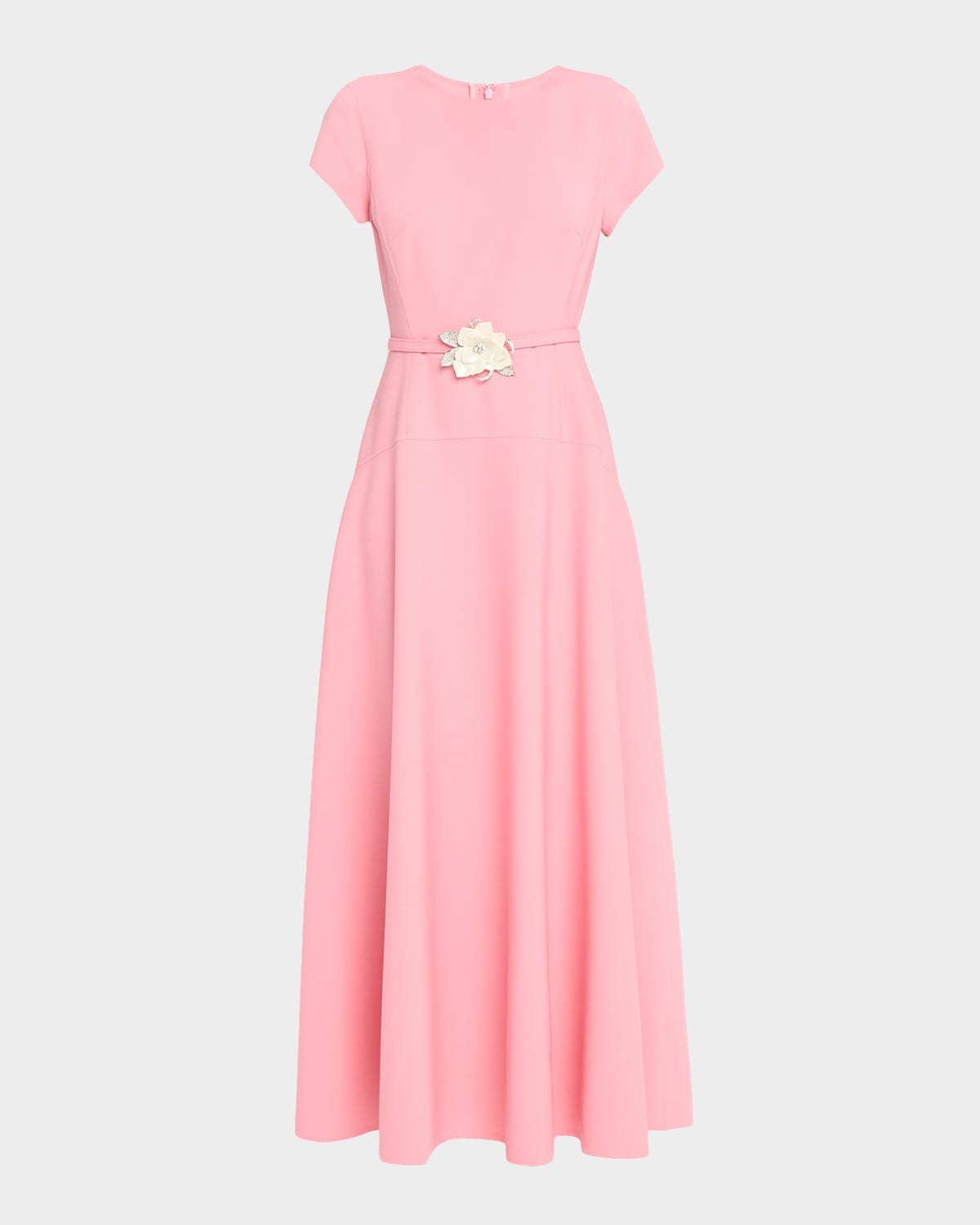 Oscar de la Renta Crystal Flower Belted Short-Sleeve Tea-Length Dress