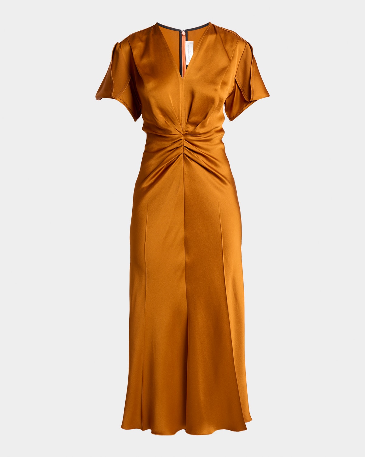 Victoria Beckham V-Neck Gathered Waist Satin Midi Dress