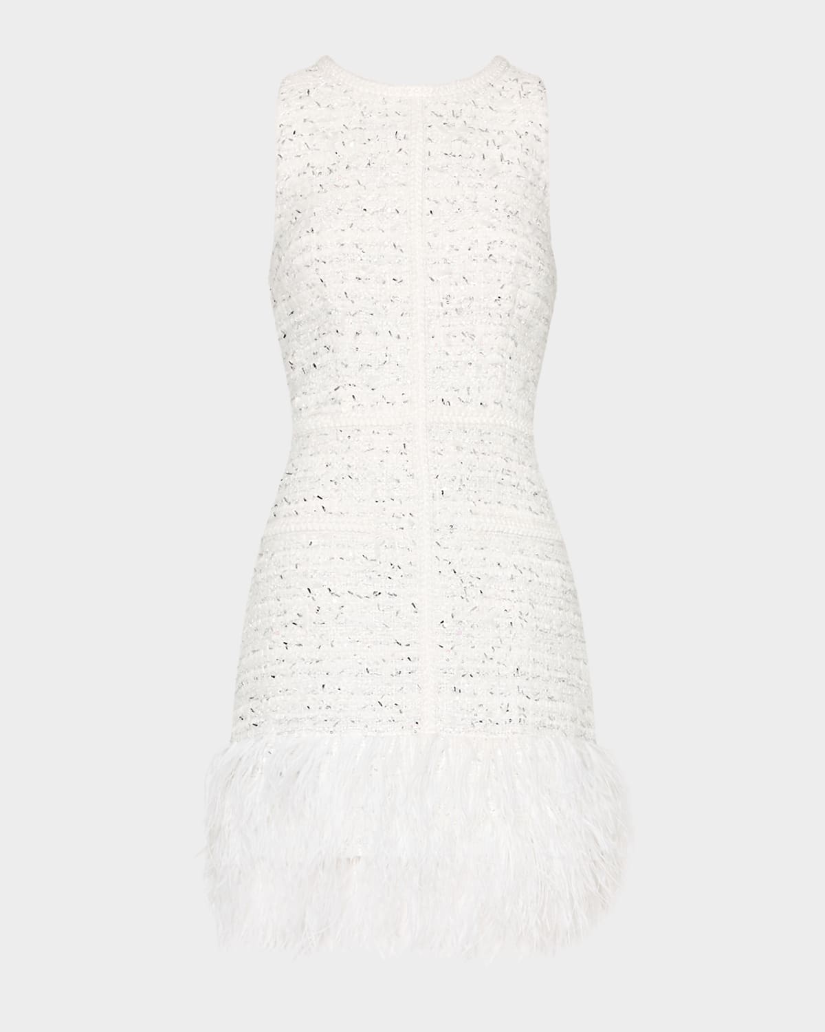 Milly Raven Metallic Tweed Feathered Mini Dress In White