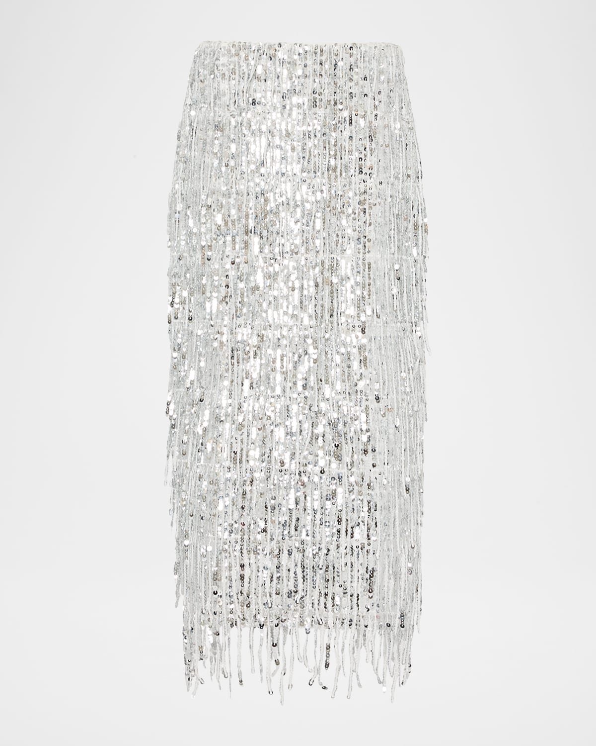 Milly Roxanne Fringe Sequin Midi Skirt In Silver