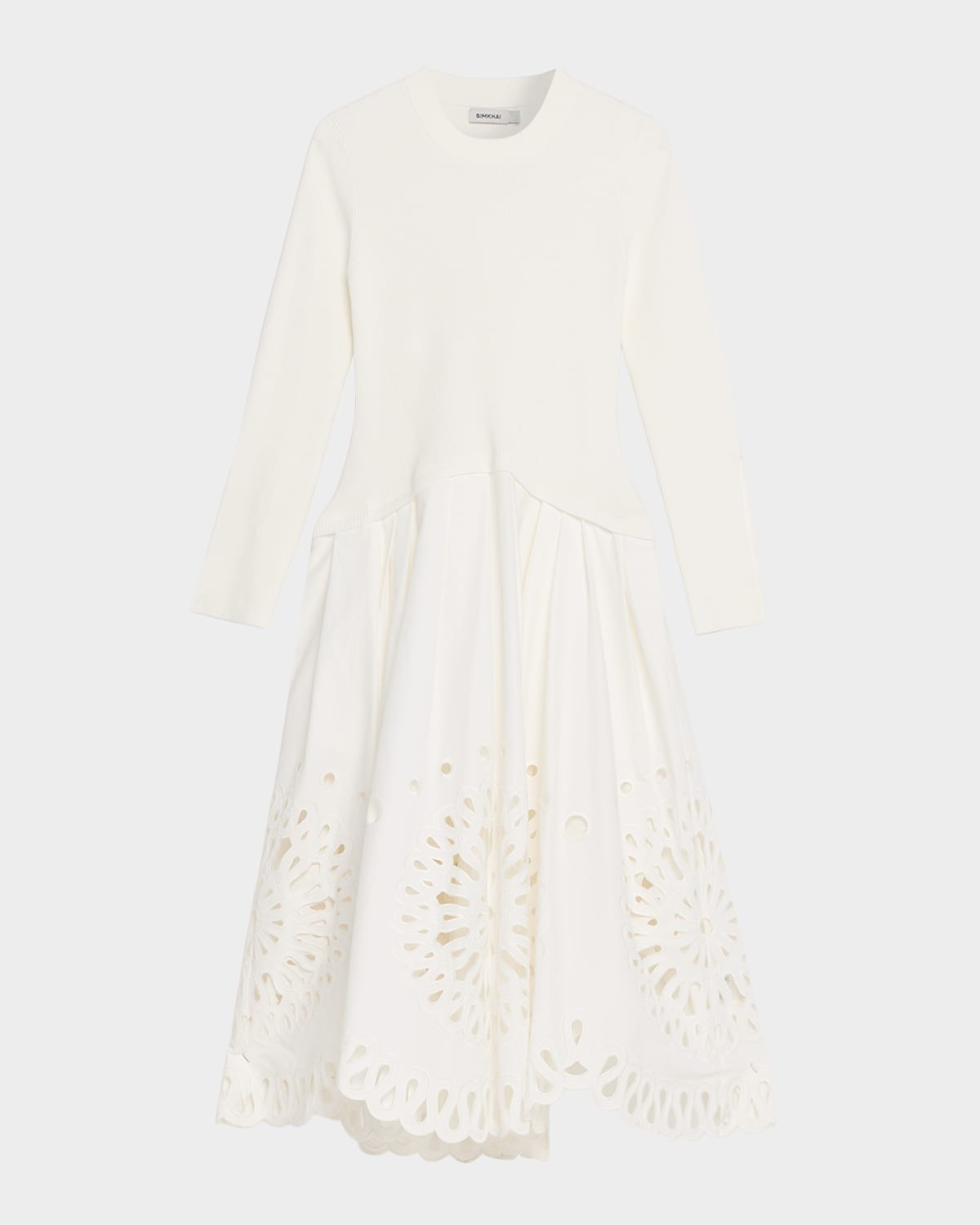 SIMKHAI Daila Eyelet-Embroidered Mixed Media Midi Dress