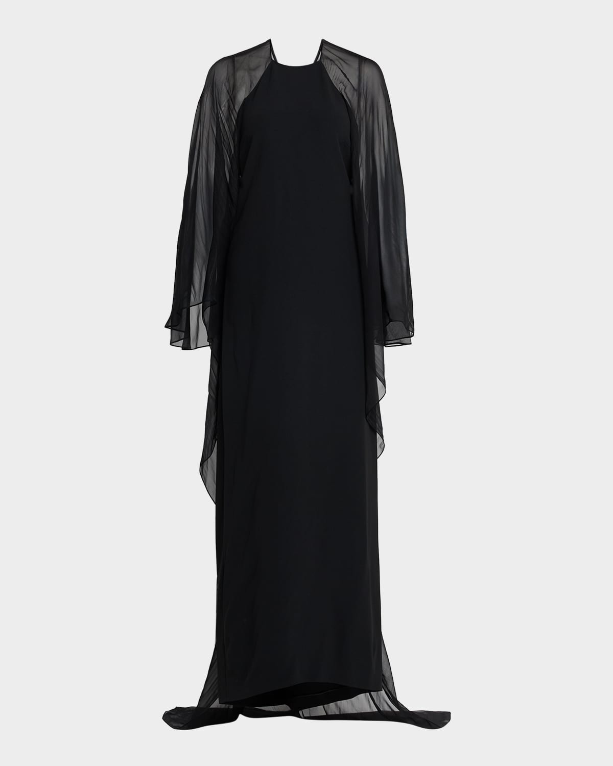 Alberta Ferretti Long-sleeve Chiffon Cape Backless Maxi Dress In Black
