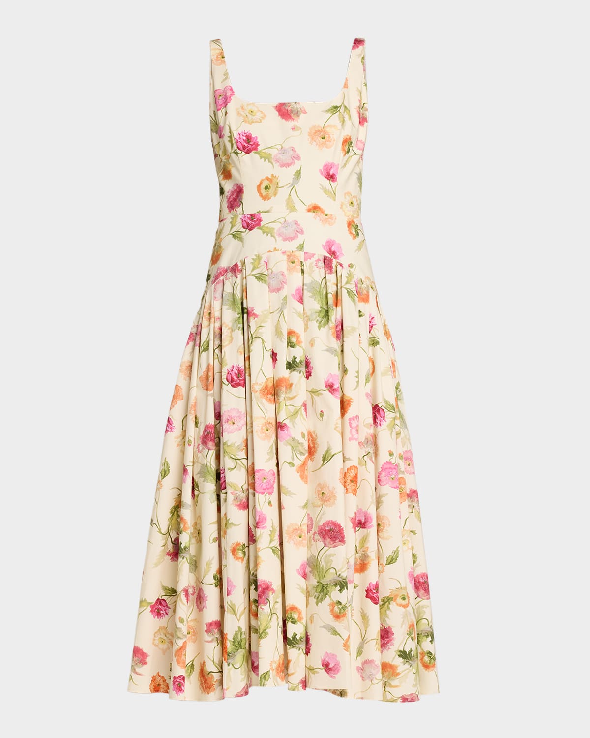 Carolina Herrera Floral Sleeveless Drop-waist Pleated Midi Dress In Multi