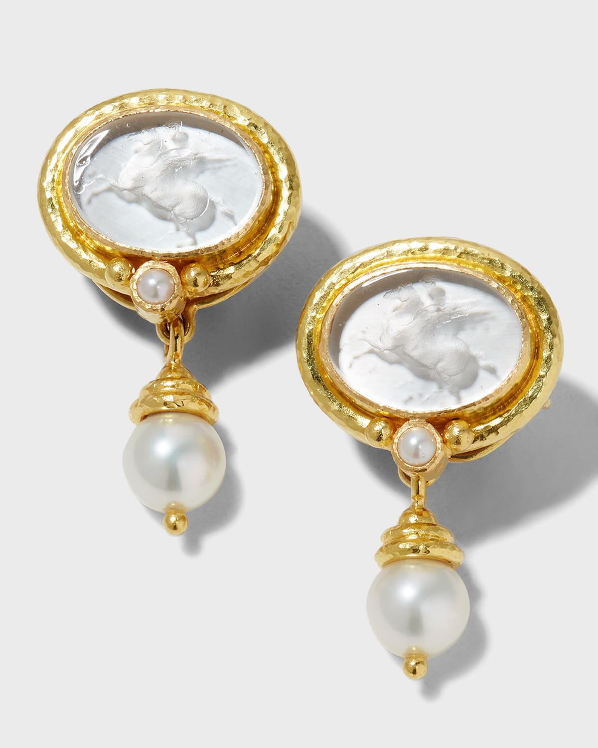 Pegasus Intaglio Clip/Post Earrings with Pearl Drop, White