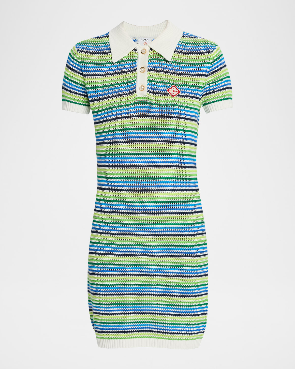 CASABLANCA Striped Crochet Short-Sleeve Mini Polo Dress