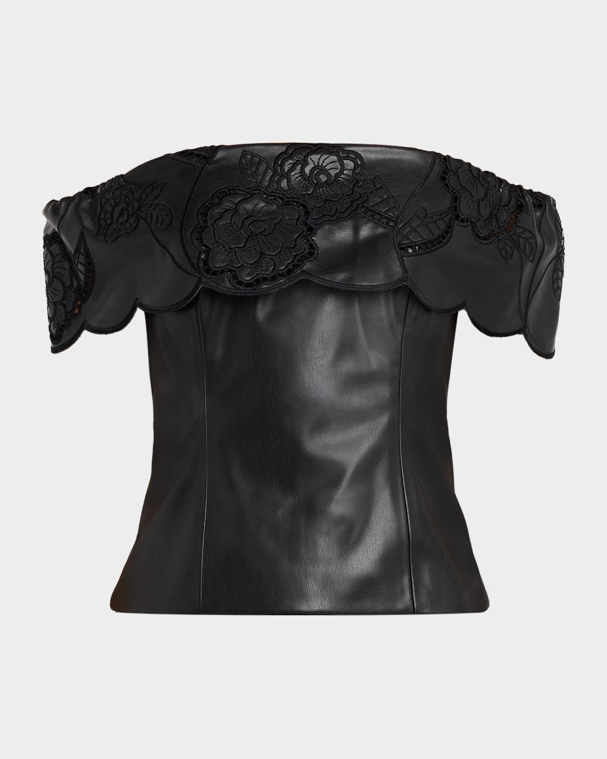 Toccin Mariana Embroidered Faux Leather Off-shoulder Top In Black