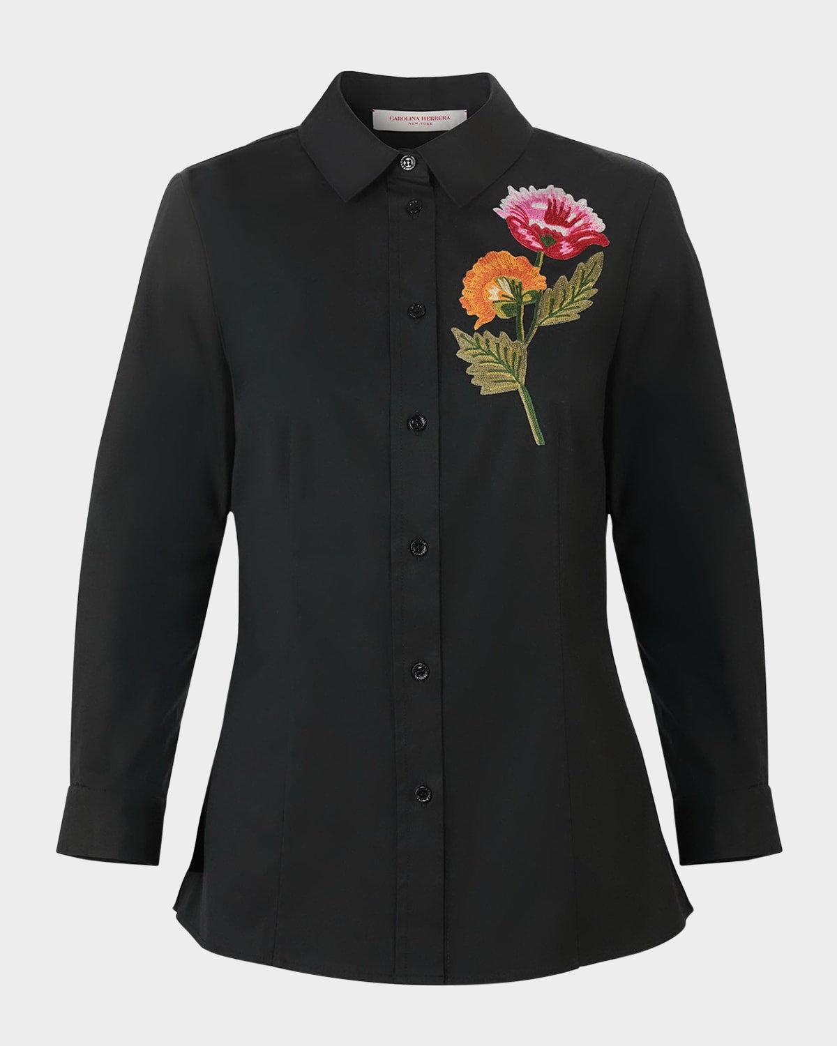 Carolina Herrera Floral Embroidered Icon Button-down Shirt In Black