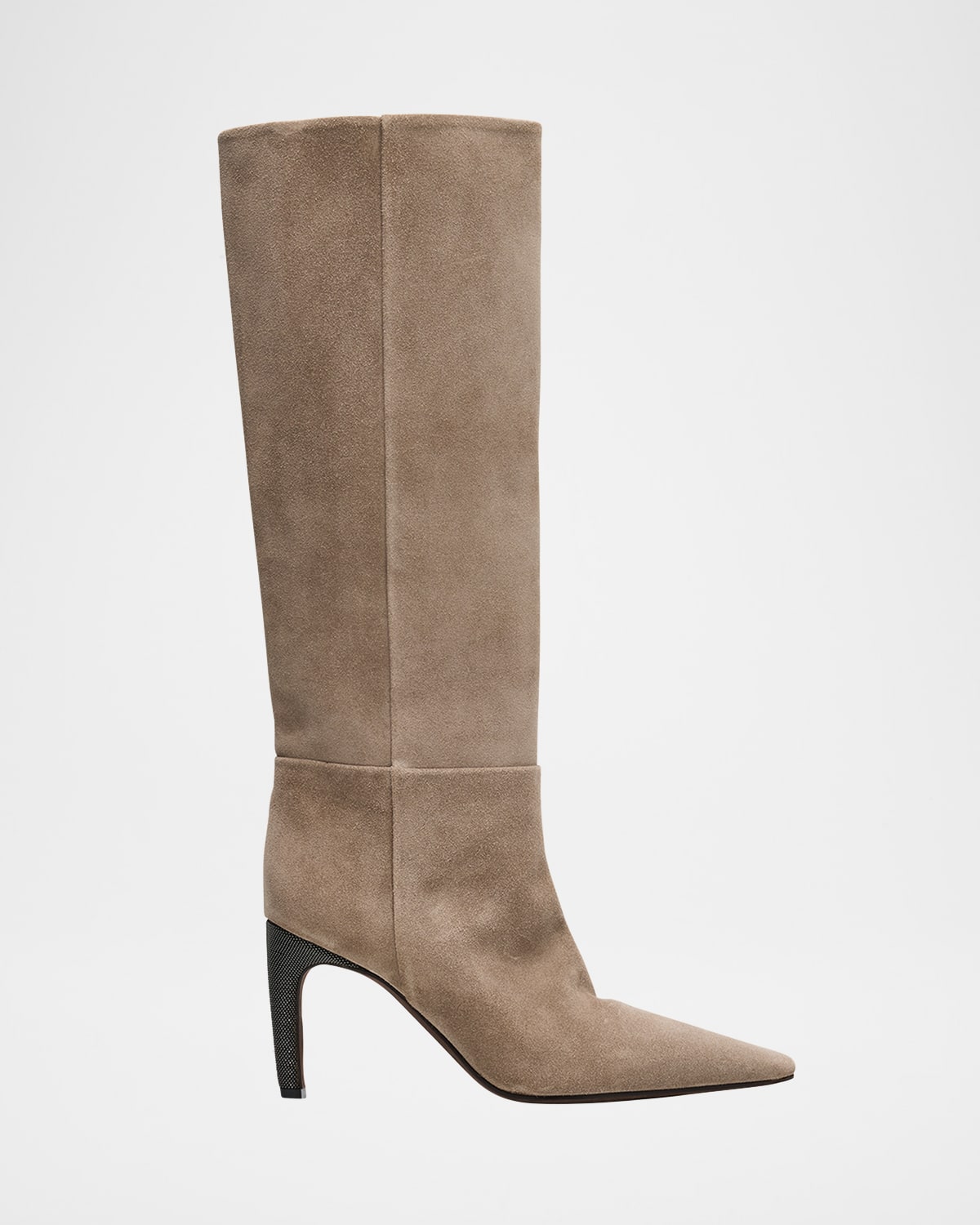 Brunello Cucinelli 85mm Soft Velour Knee-high Boots With Monili Heel In Neutral
